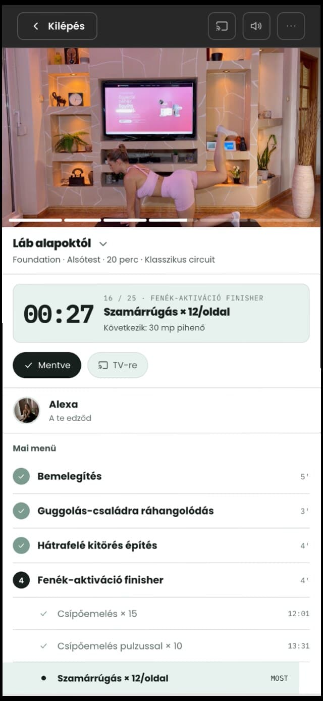 Ugyanaz az edzés a telefonon, TV-re küldés gombbal