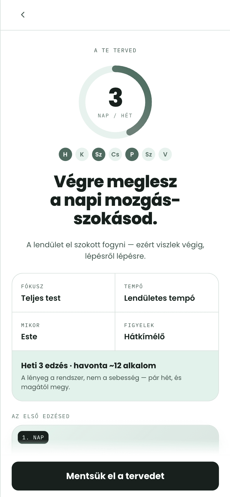 A kész heti terv: 3 nap / hét, a kiválasztott napokkal, fókusszal és tempóval.